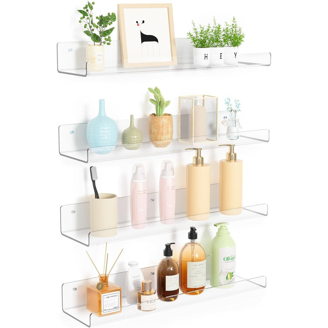 Clear Acrylic Shelves for Storage, 15" Floating Shelves Wall Mounted for Kids Bookshelf/Display Ledge Shelves for Bedroom, Living Room, Bathroom, Kitchen, Set of 4