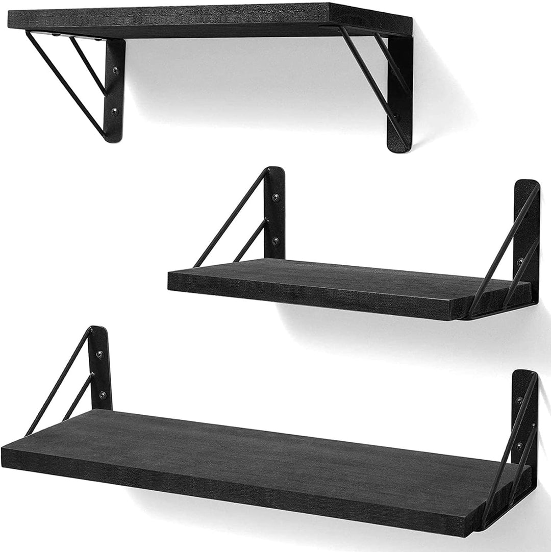 Wall Shelves for Bedroom Decor, Floating Shelves for Wall Storage, Wall Mounted Rustic Wood Shelf for Books,Plants,Small Wall Shelf for Bathroom,Kitchen,Living Room(Black，Set of 3)