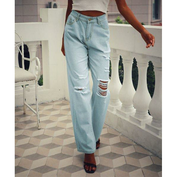 NXH Women's Distressed Denim Wide-Leg Jeans (Blue, XL)