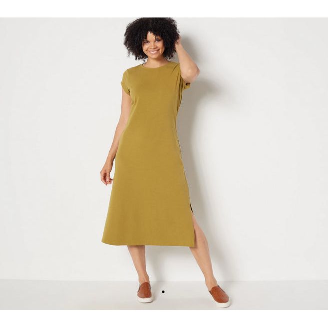 Denim & Co. Essentials Perfect Jersey Midi Dress(Green Moss, Petite L) A399756