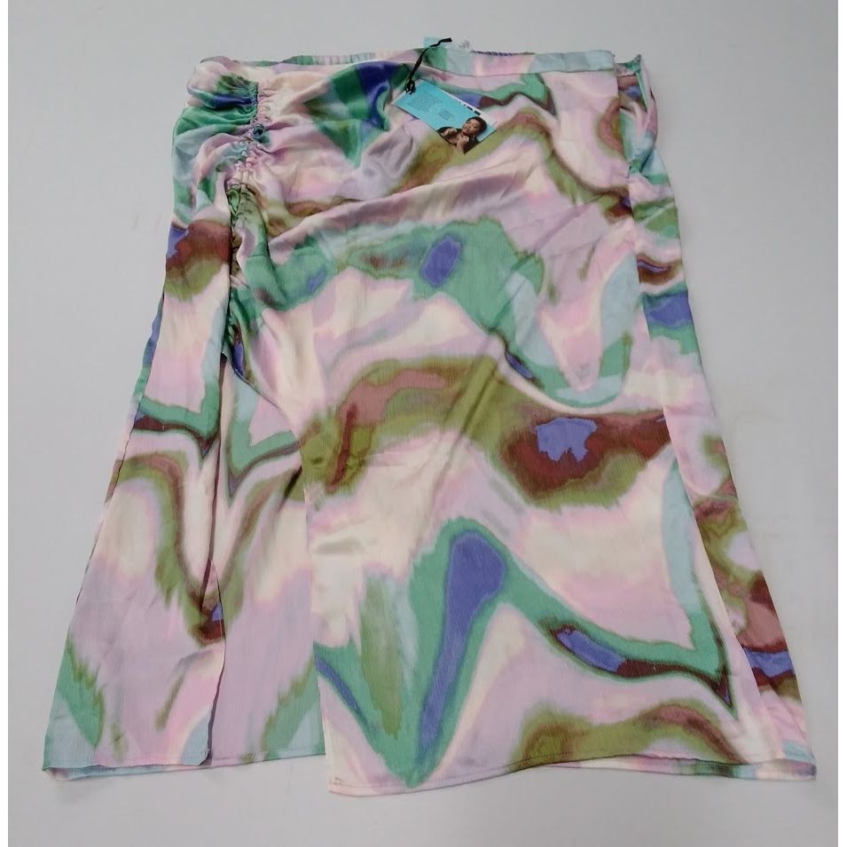 Women's Marbled Silk Curved Hem Midi Skirt Light Green/Pink Marble 18