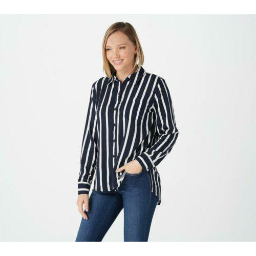 Rachel Hollis Ltd. Women's Collared Striped Button Front Shirt (Navy, 0) A374143
