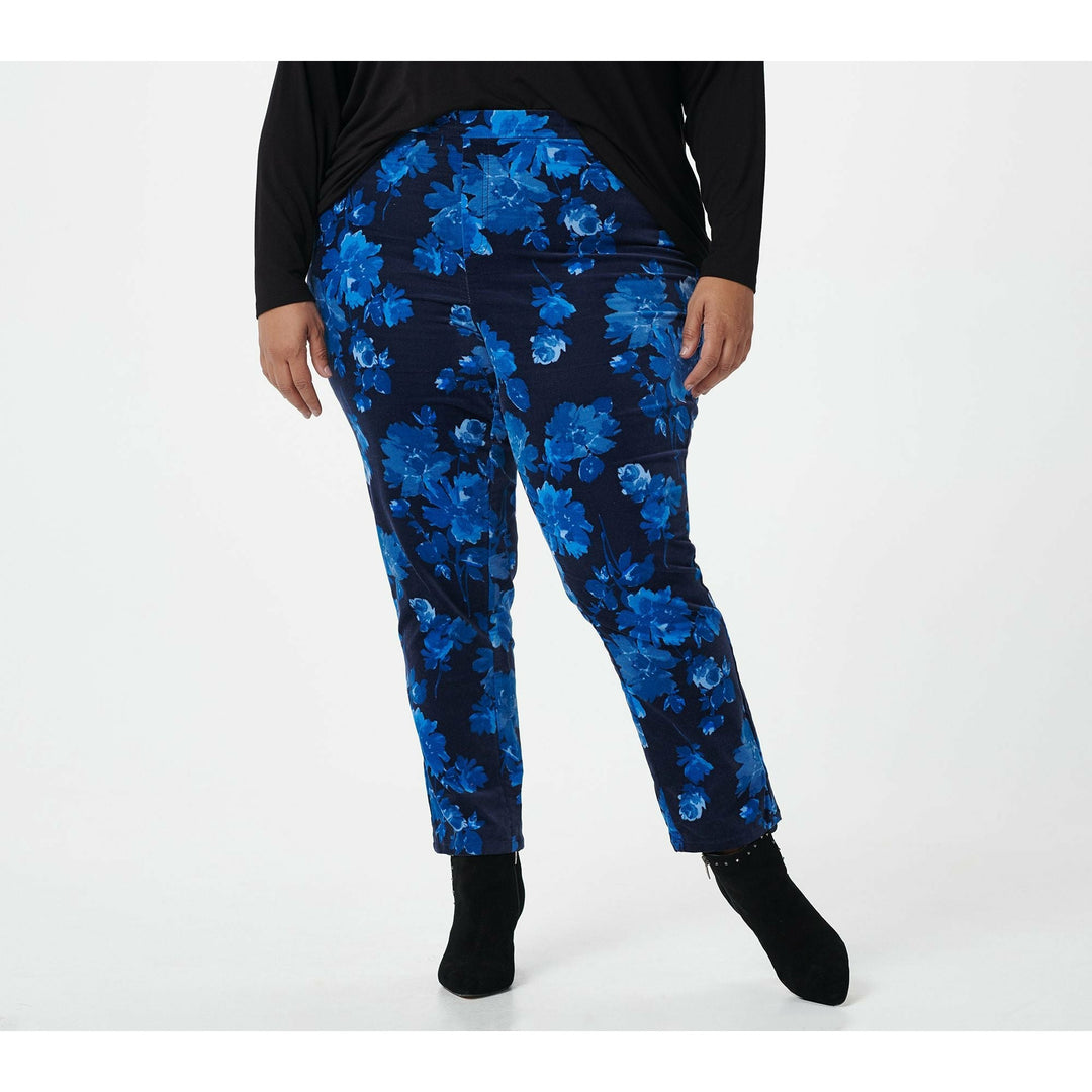 Isaac Mizrahi Live! Petite Floral Printed Velour Pants (Dark Navy, 4P) A389178