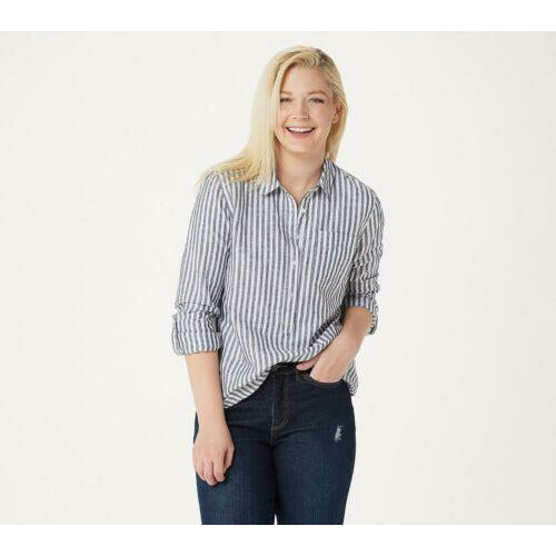 Rachel Hollis Ltd. Woven Henley Button-up Shirt (Grey Stripe, 14) A354055