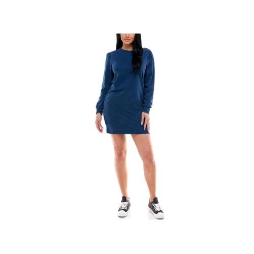 Kingston Grey Juniors Crew Neck Long Sleeve Puff-Sleeve Casual Dress (Blue, S)