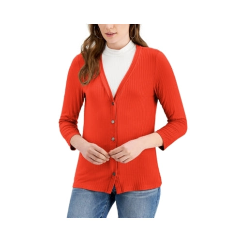 Fever Women's Ribbed Button-Down 3/4 Sleeve Sweater (Orange, XS)