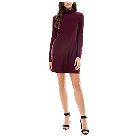 Planet Gold Women's Long Sleeve Turtle Neck Mini Fit + Flare Dress (Red, XS)