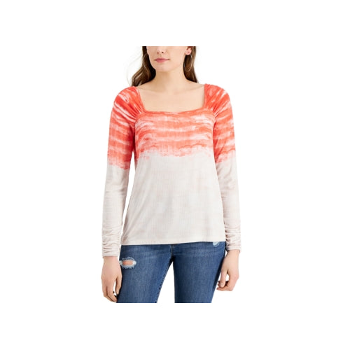 Fever Women's Tie-Dyed Square-Neck Long Sleeve Ribbed Knit Top (Red, S)