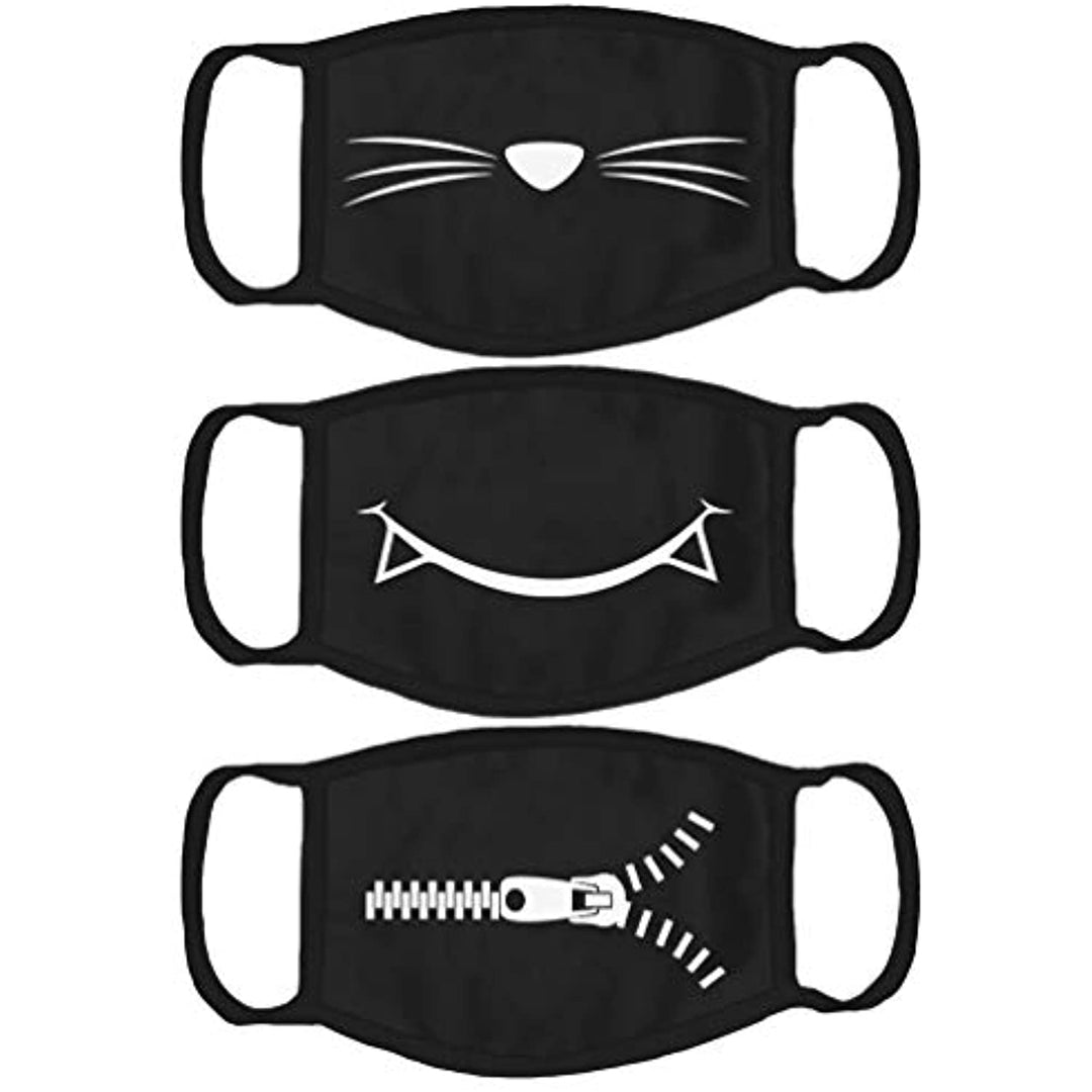 Funny Face Mask Set of 3 Pack Cute Cotton Washable Reusable Mouth Cover Black