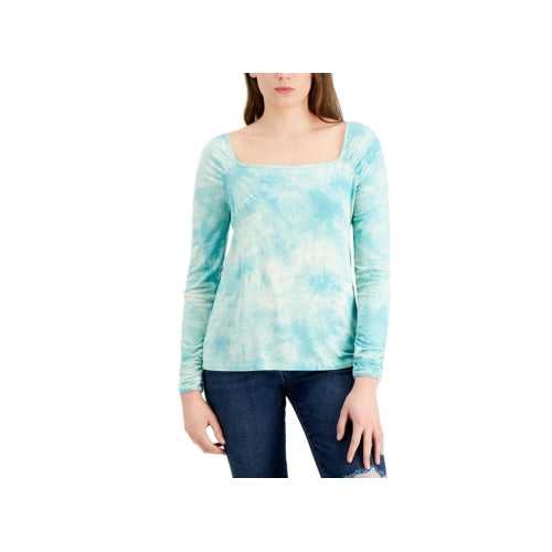 Fever Women's Tie-Dyed Square-Neck Long Sleeve Ribbed Knit Top (Aqua Haze, L)