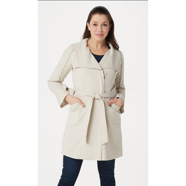 H by Halston Cascade Zip-Front Knee-Length Coat (Stone, 4) A351191