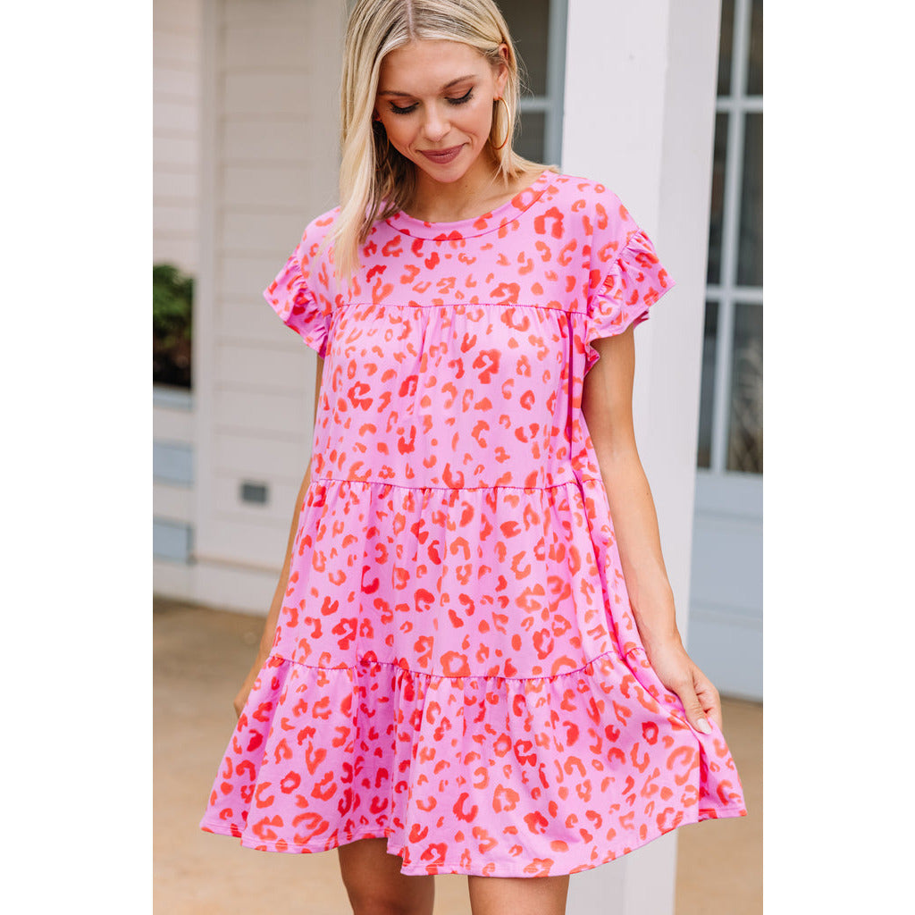 LS Women's Casual Apparel Animal Print Dress (Pink, Small)
