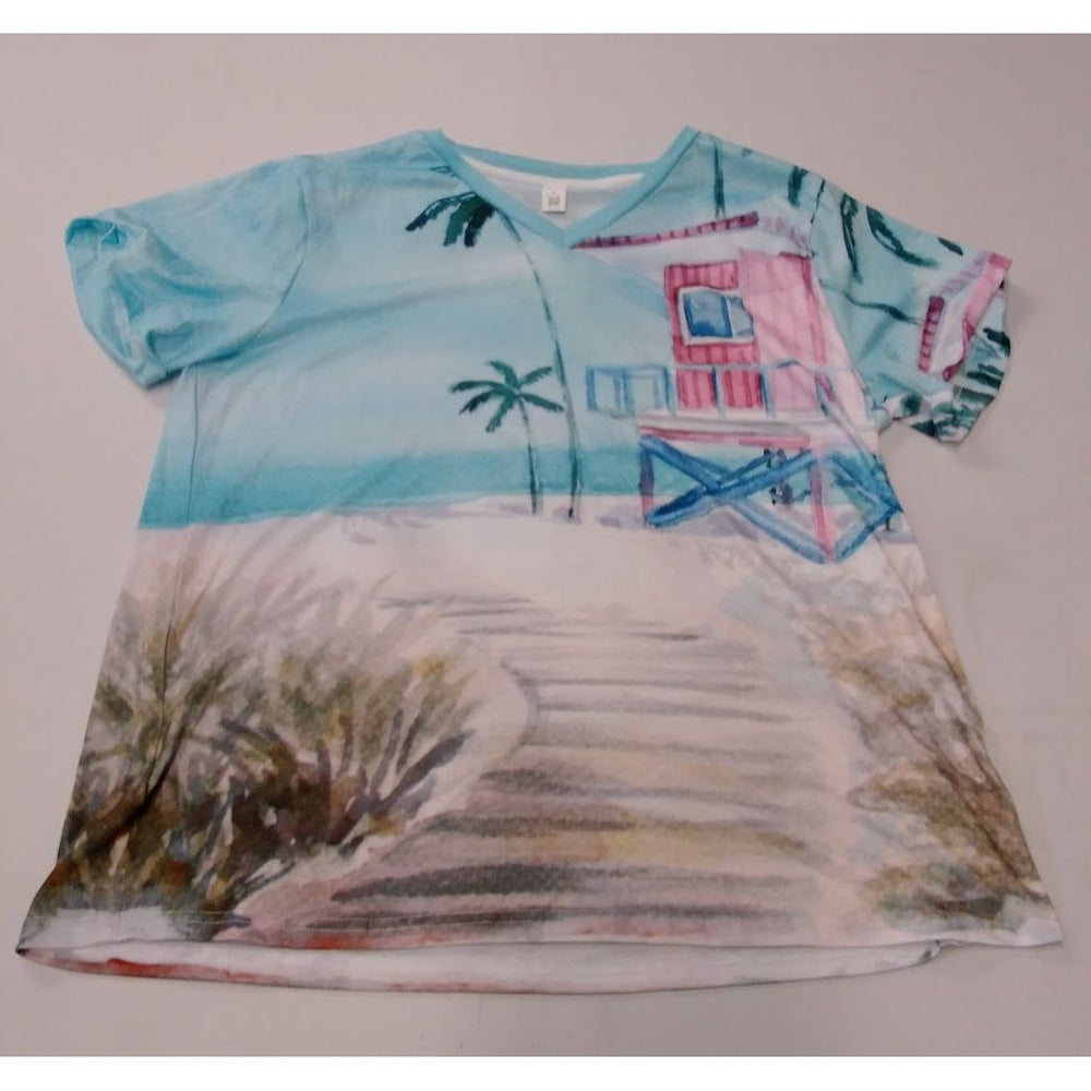 Pixie Lady Multicolored Beach Scene T-Shirt- XL