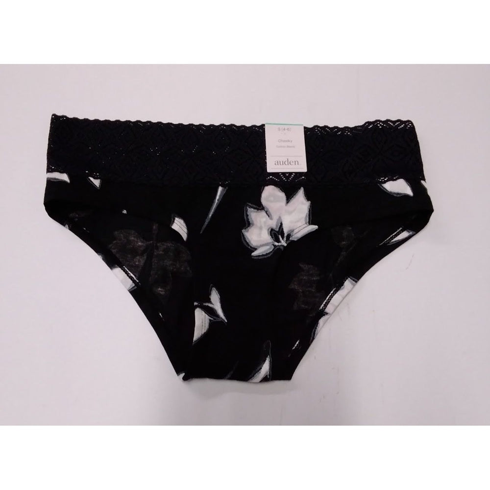 Women's Floral Print Cotton Cheeky Underwear with Lace Waistband - Auden Black S