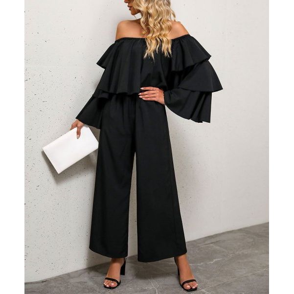 Ace by Aimee Black Ruffled Off-Shoulder Wide Leg Jumpsuit (Small)