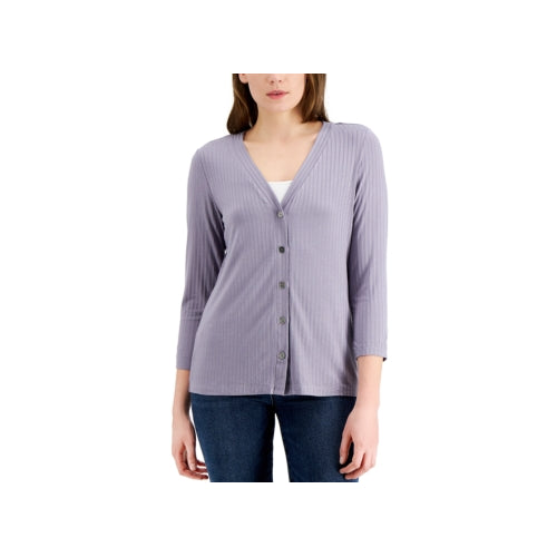Fever Ribbed Women's Button-Down 3/4-Sleeve Knit Sweater (Quicksilver, M)